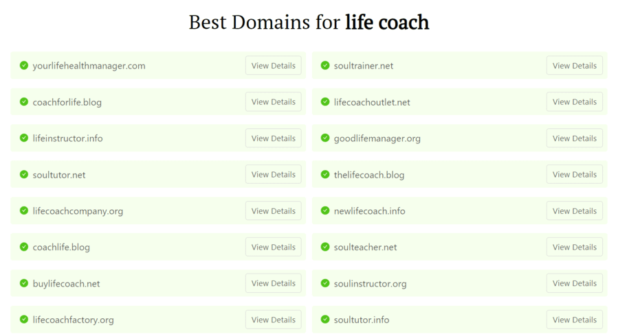 DomainWheel business name generator search results for "life coach".