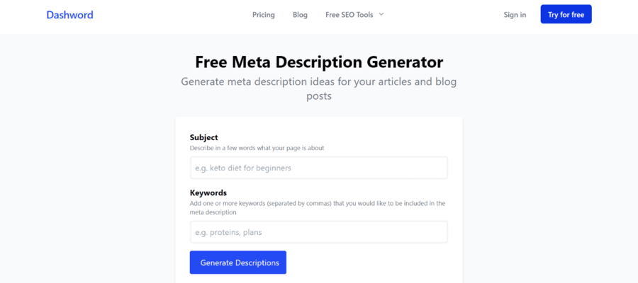 Free meta description generator from Dashword