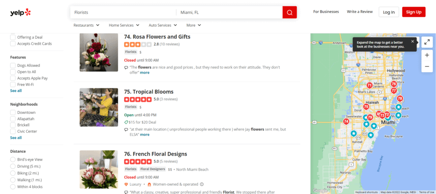Flower shop name ideas: Yelp search