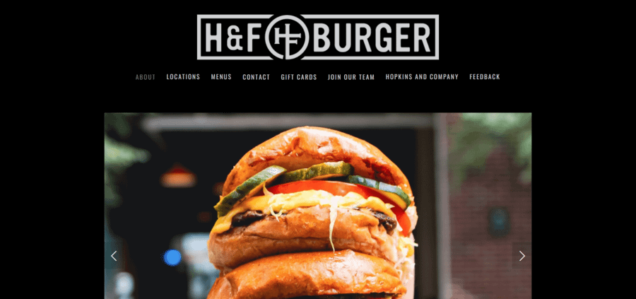 H&F Burger homepage design with large logo and high-quality photo of a burger.