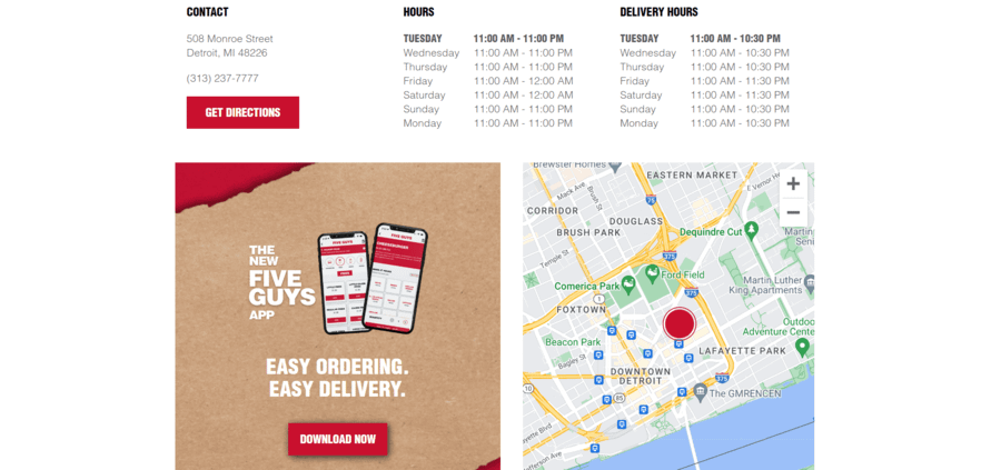 Fiveguys restaurant homepage design location and contact info, including Google map.