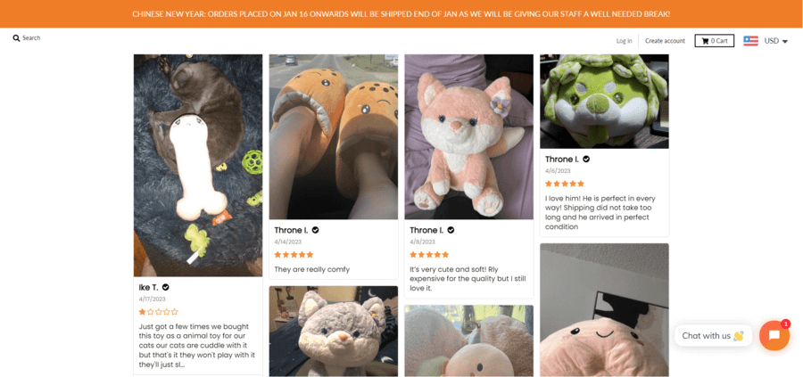 Subtle Asian Treats homepage with a variety of Asian plushies and their starred reviews.