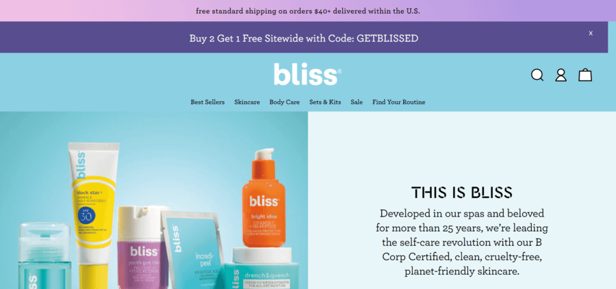 Bliss Shop ecommerce homepage design with banners across the top proclaiming free shipping on US orders over $40 and a Buy 2 Get 1 Free coupon.