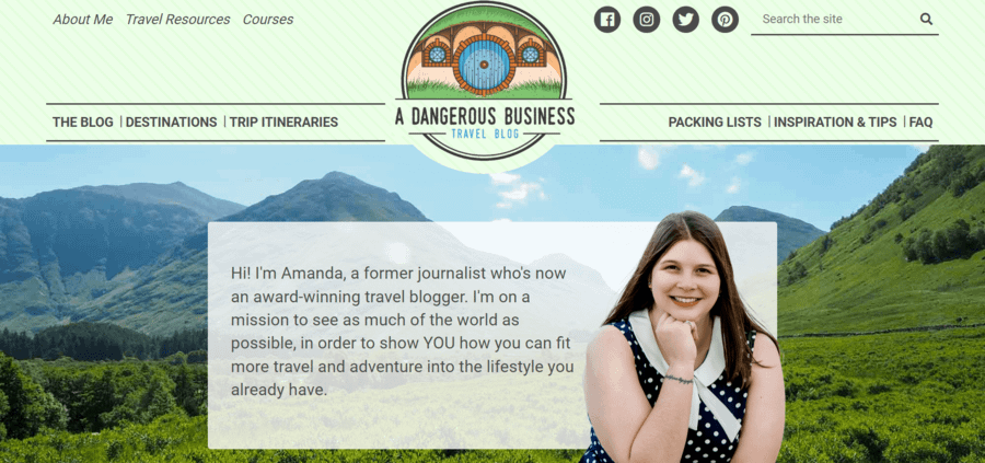 Homepage design for travel blog A Dangerous Business with headshot and textbox in the foreground and mountains in the background.