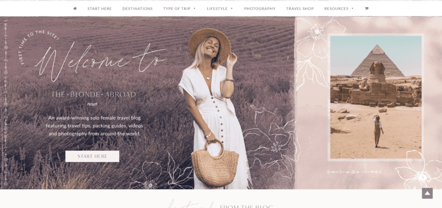 The Blonde Abroad homepage design with an image of a blonde in front of a farm field on one side and an image of a woman facing a sphynx in Egypt on the other.