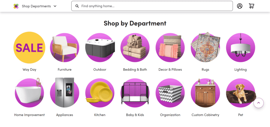 Wayfair homepage with "Shop by Department" headline and images for categories like "Furniture", "Outdoor", and "Bedding & Bath"