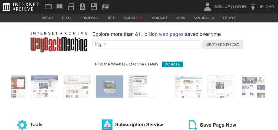 Wayback Machine search tool for checking domain history.