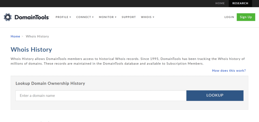 DomainTools Whois domain history lookup.