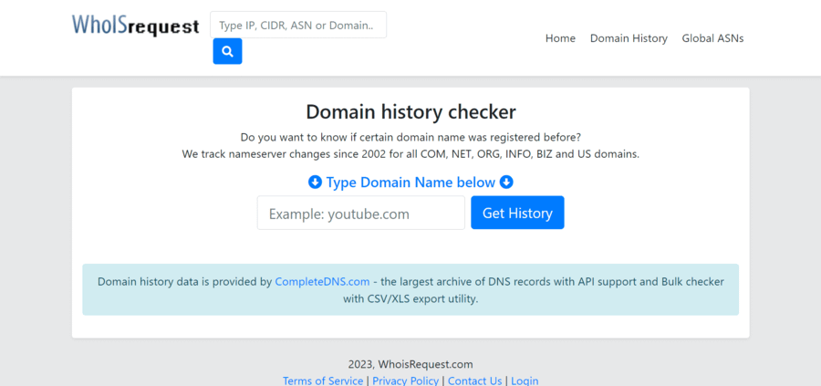 Whois Request free domain history checker search area.