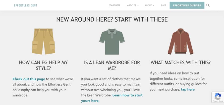 Effortless Gent "New around here? Start with these" area with three questions: "How can EG help my style", "Is a lean wardrobe for me", and "What matches with this"