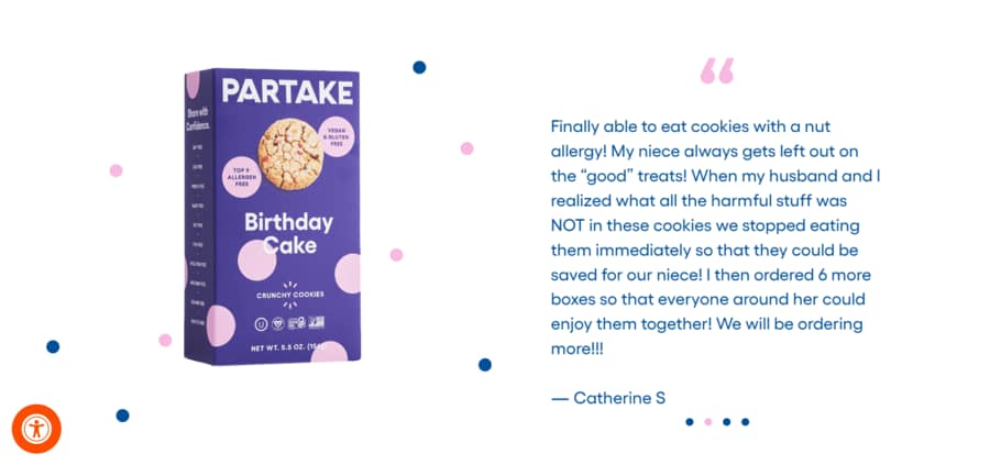 Partake foods homepage design with an image and review for Partake Birthday Cake.