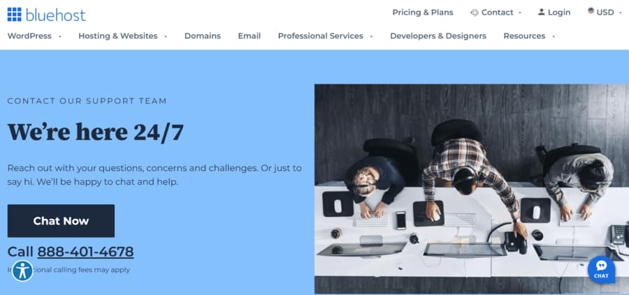 Core website pages: Bluehost contact us page 