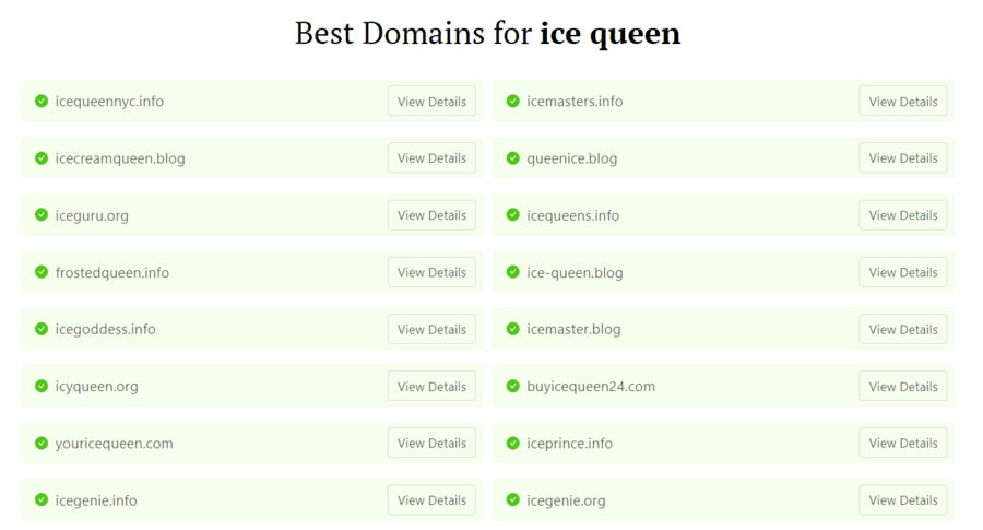 Ice cream shop name ideas from second DomainWheel search