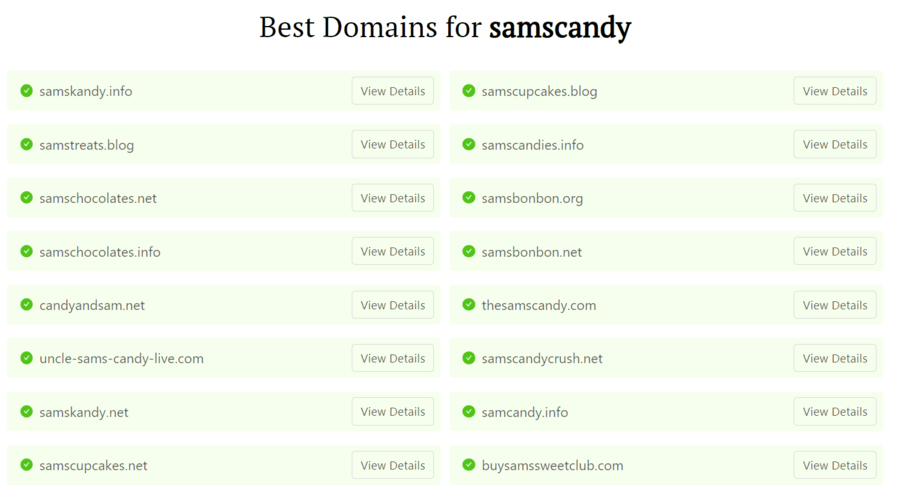 How to make a small business website: DomainWheel search results for "samscandy".