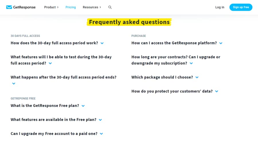 Core pages on a website: GetResponse sales page example