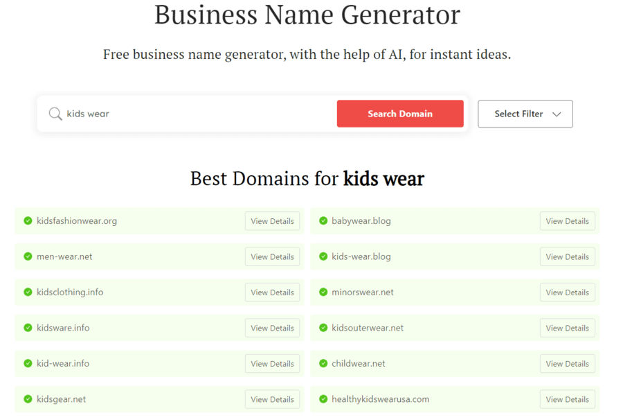 Tips for selling clothes online:  business name generator search results for "kids wear"