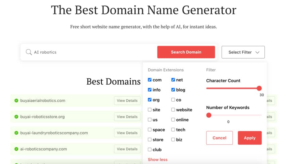 AI name generator search filters