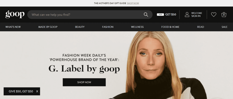 Goop homepage design with an image of Gwyneth Paltrow and a menu across the top with items like "Beauty" "Fashion" and "Wellness"