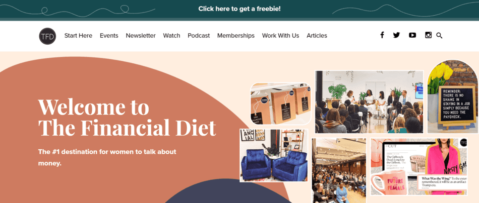 The Financial Diet homepage design with several images from events and the headline "Welcome to The Financial Diet"