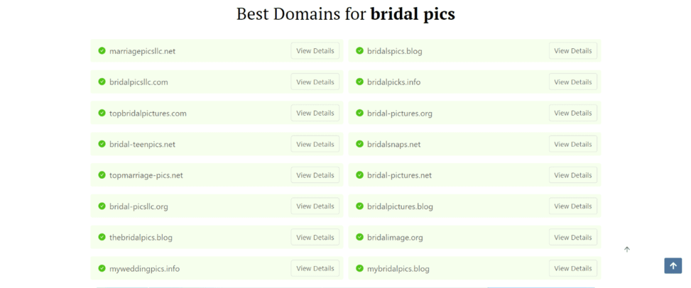 A list of available domain name suggestions from Domain Wheel
