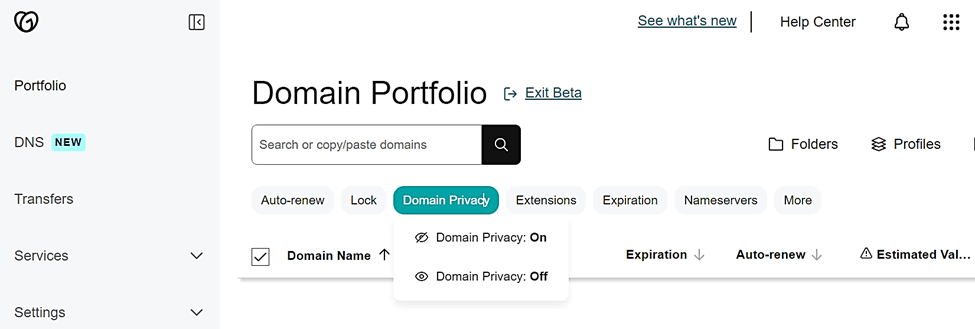 The GoDaddy dashboard showing the domain privacy tab that you can turn on and off for each domain in your portfolio.