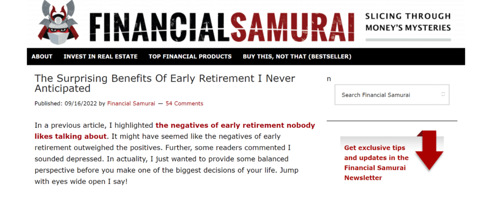 Early retirement article from Financial Samurai