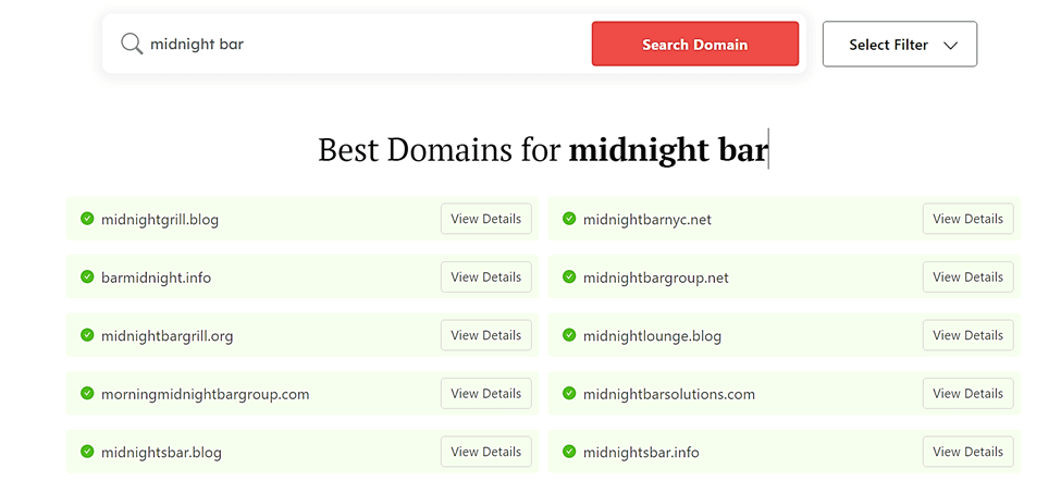 DomainWheel bar name generator search results