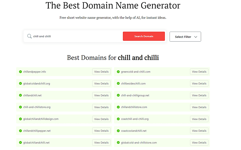 DomainWheel domain name generator search results for "chill and chilli"