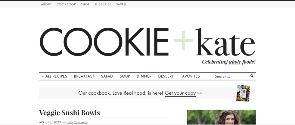 Cookie + Kate homepage header with "Celebrating whole foods" subhead.