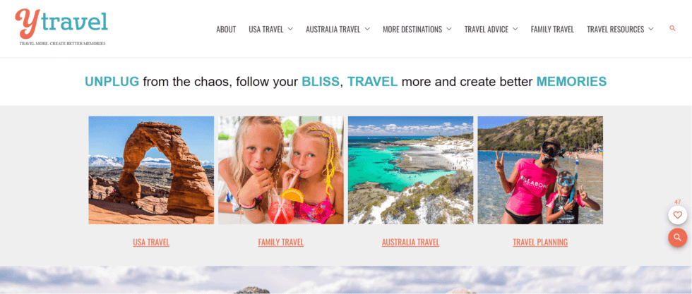 Ytravel website homepage with four images and links to USA Travel, Family Travel, Australia Travel, and Travel Planning.