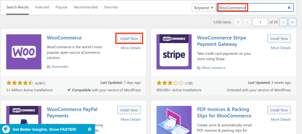 How to install the WooCommerce plugin from the WordPress dashboard.