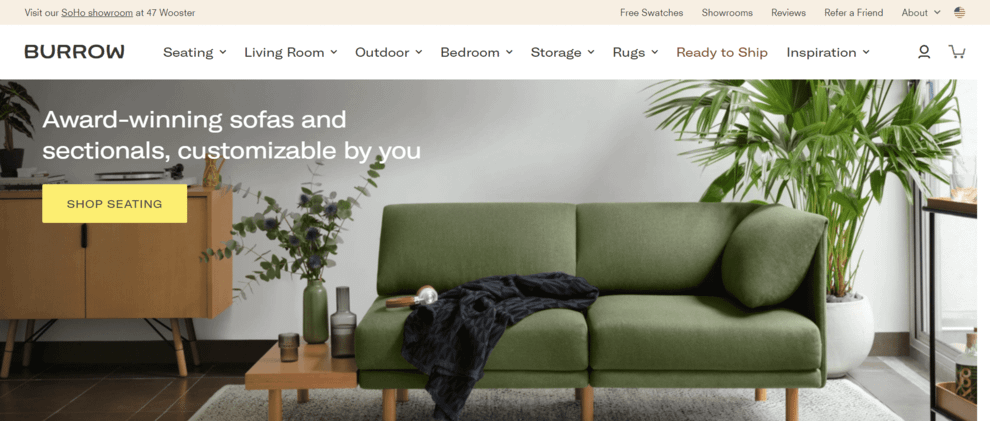 Burrow homepage design with a high-quality image of a green sofa and the headline "Award-winning sofas and sectionals, customizable by you"