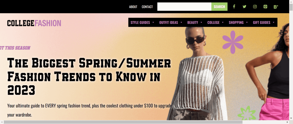 College Fashion homepage with bright yellow image with women in summer clothes in the foreground and social media icons listed in the top menu.