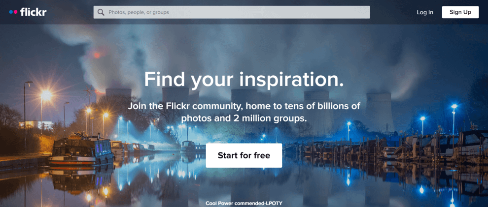 Flickr homepage design with "Find your inspiration" headline over a cityscape image and a "Start for free" button.