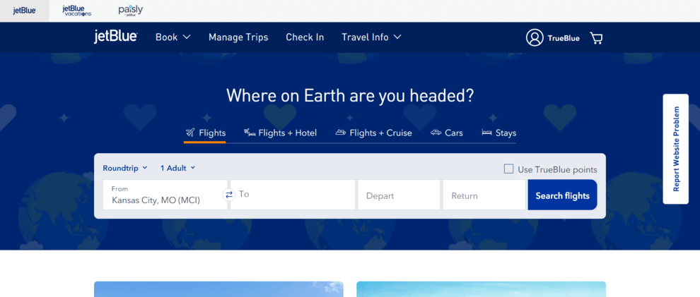 jetBlue homepage design with "Where on Earth are you headed?" headline and a flight search tool.