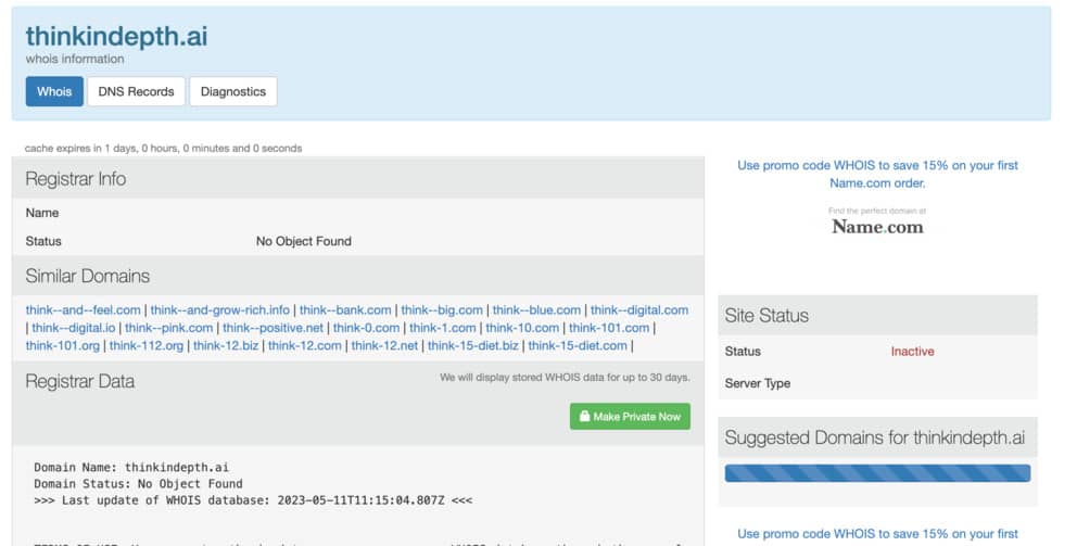 WHOIS AI domain name information for unregistered domain (ThinkInDepth.ai).