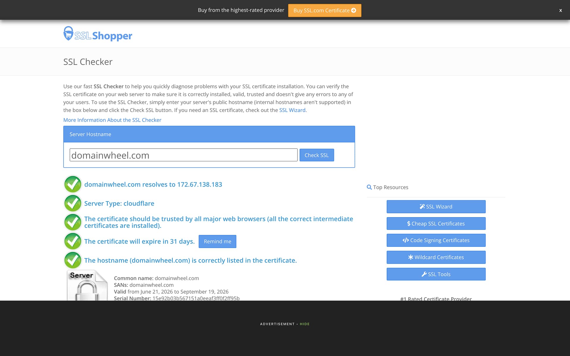 SSL Shopper checker showing green trust checks for a live domain certificate
