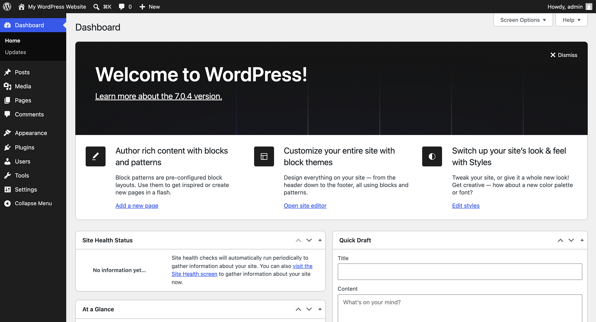 A fresh WordPress admin dashboard right after installation