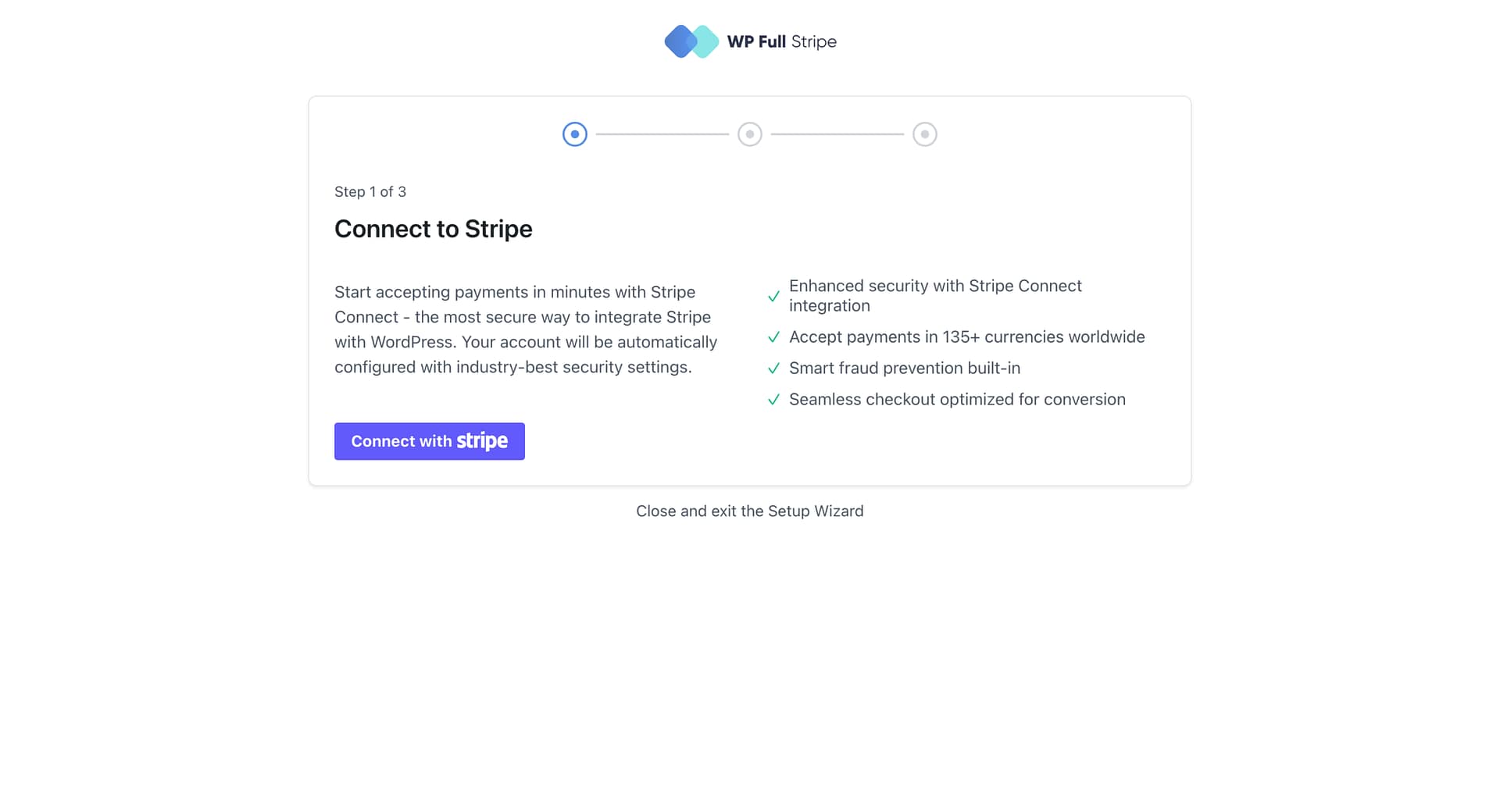 WP Full Pay setup wizard, step 1: Connect to Stripe