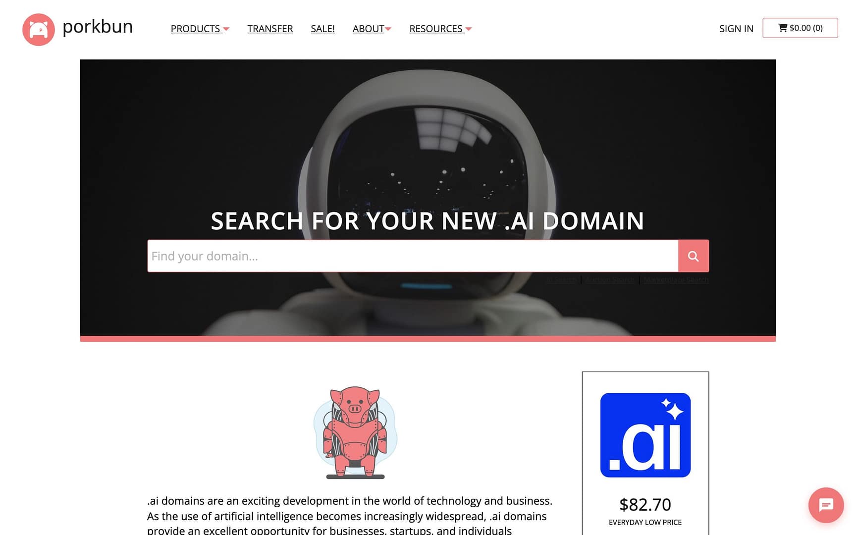 Porkbun .ai domain page listing an $82.70 everyday price