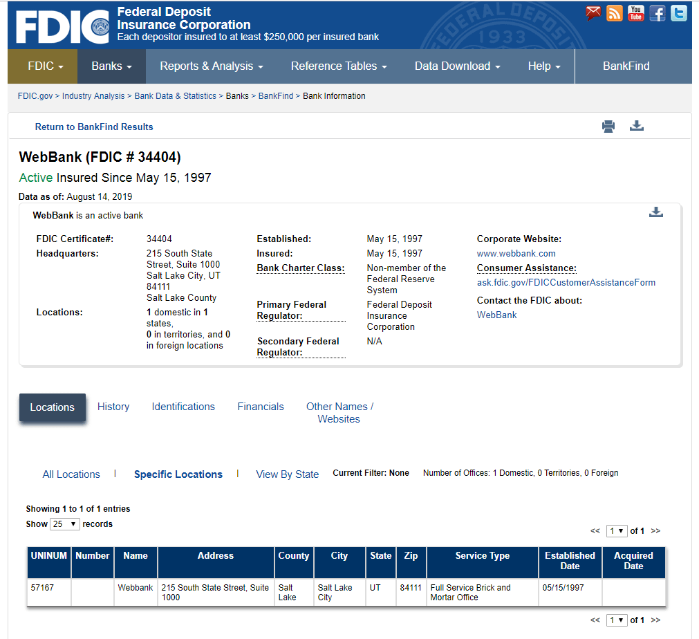 Webbank reviews FDIC
