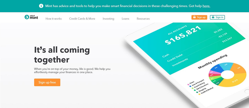 Mint personal finance app homepage