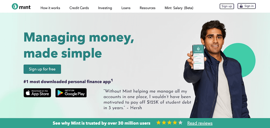 Mint personal finance app homepage