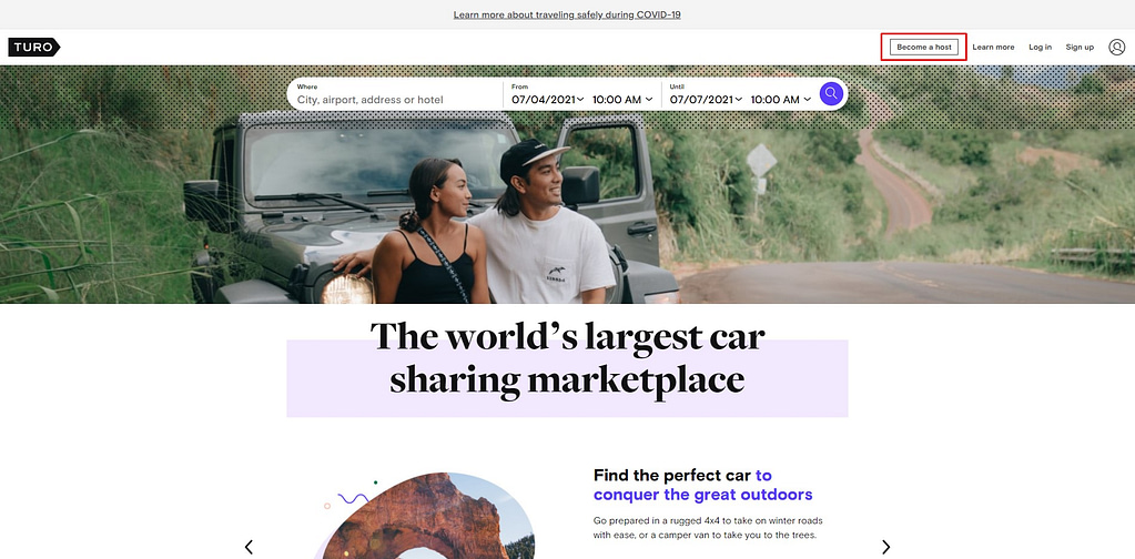 Turo car shaing home page