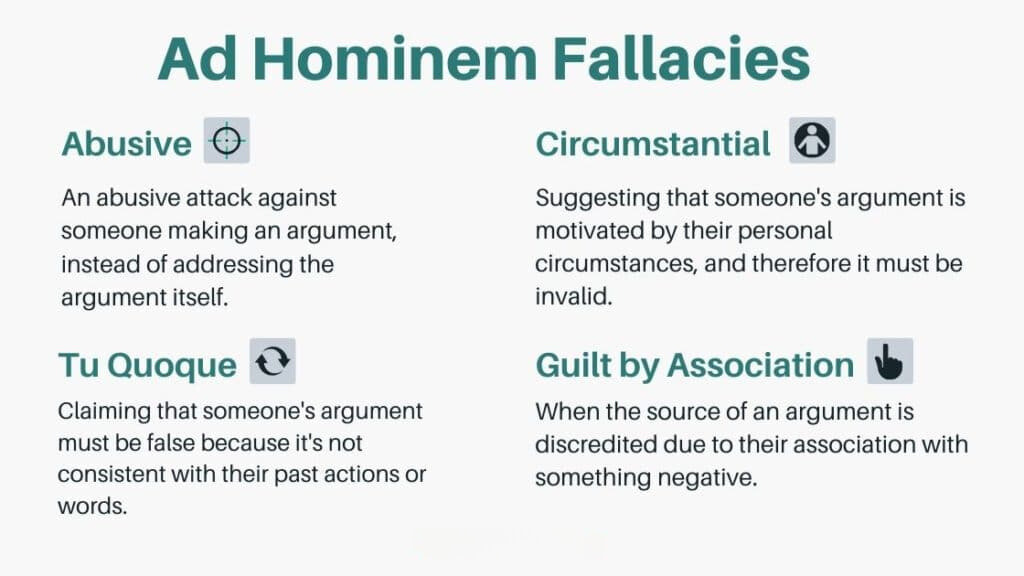 Ad Hominem Fallacies - Abusive, Circumstantial, Tu Quoque, Guilt by Association