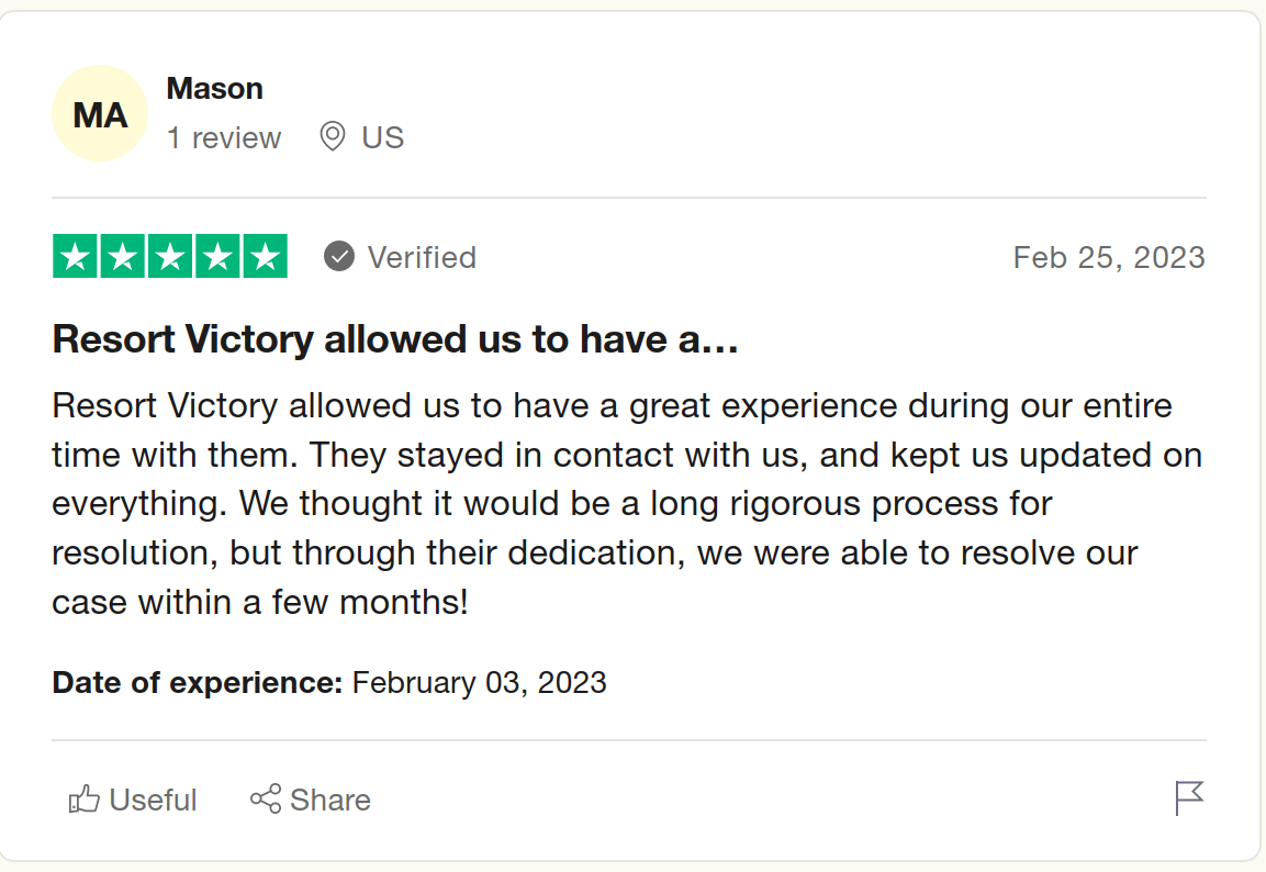 5 star review of Resort Victory