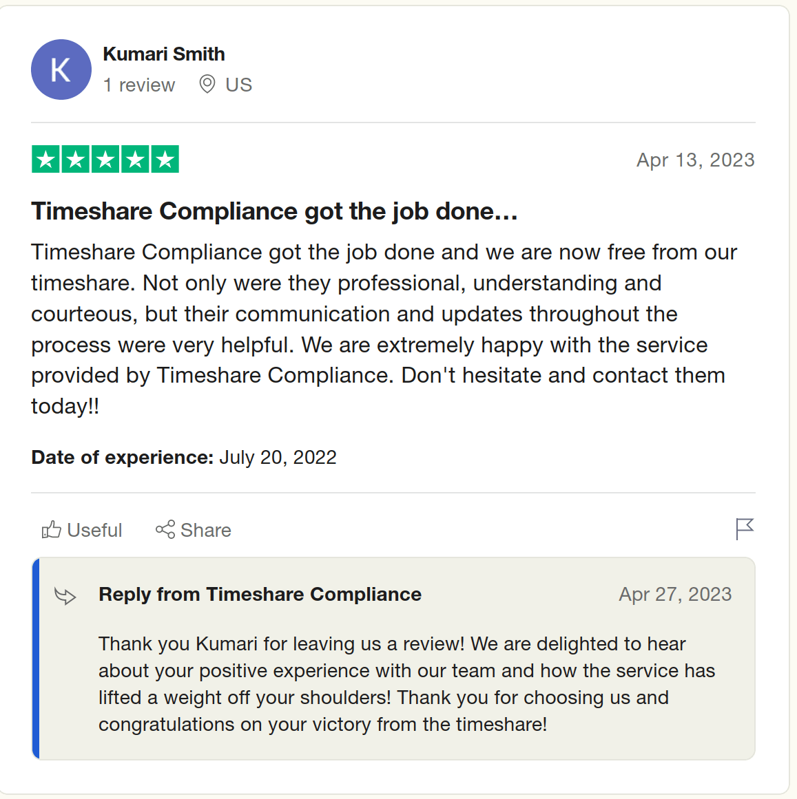 5 star review of Timeshare Compliance with reply