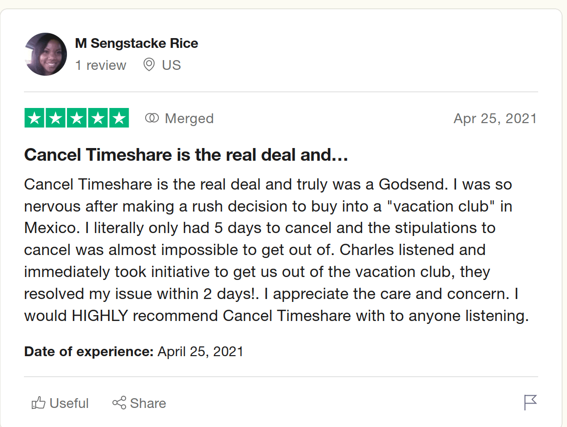 5 star review of Cancel Timeshare