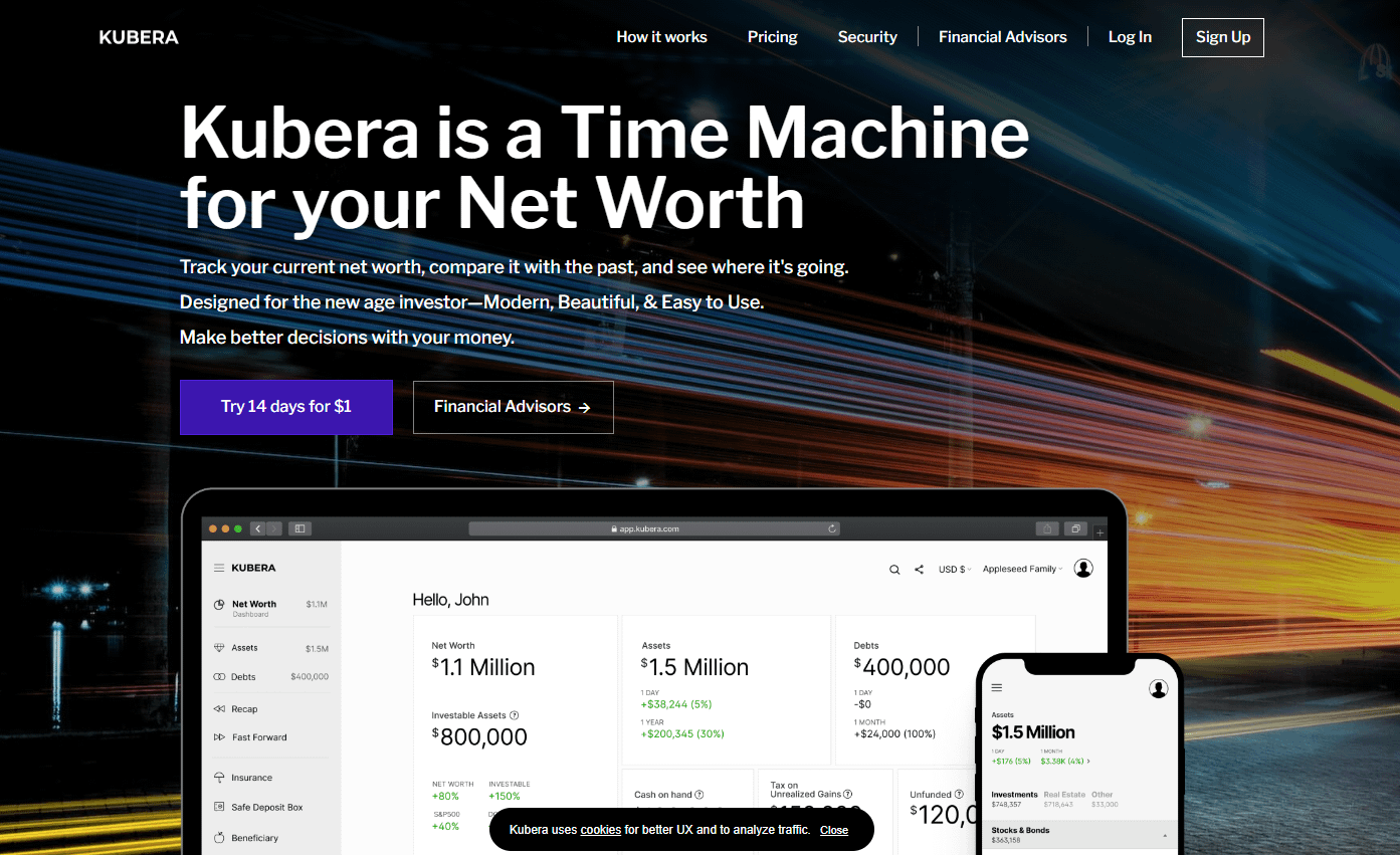 Best portfolio analysis tools: Kubera homepage