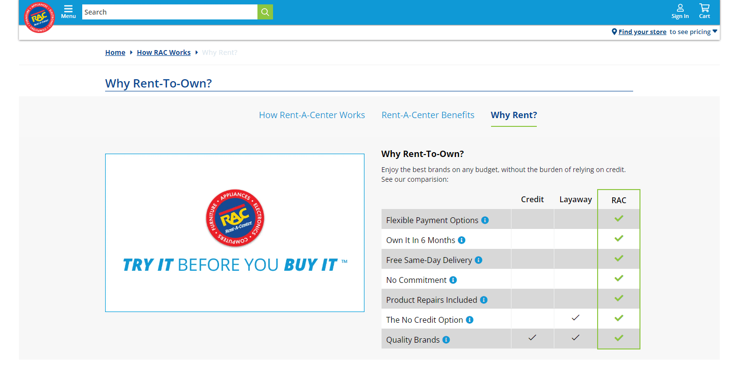 Rent-A-Center - Why Rent-To-Own page